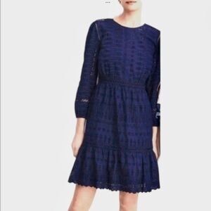 J. Crew Eyelet Lace Flutter Hem Embroidered Fit and Flare Cotton Dress Navy Sz 6